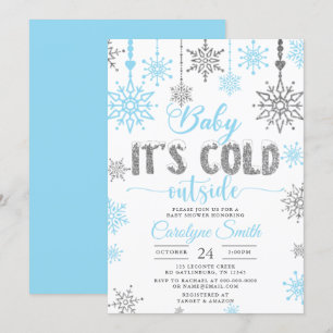 Blue Silver Boy Baby Its Cold Outside Baby Shower Invitation