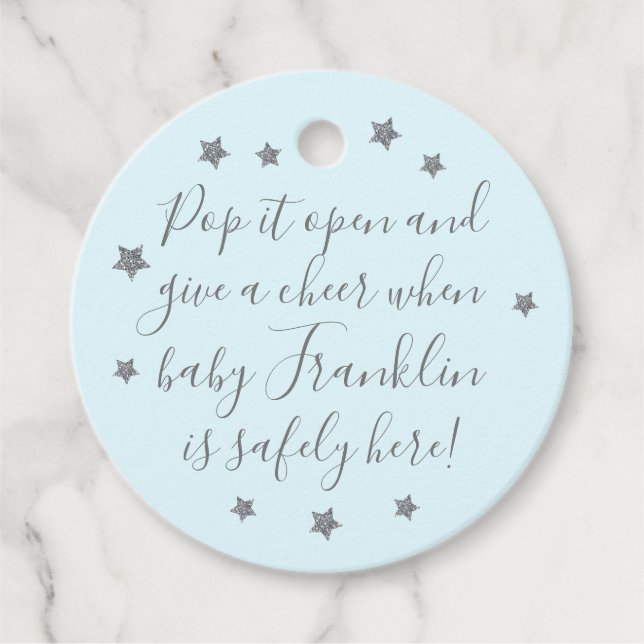 Blue & Silver Boy Baby Shower Champagne Favour Tag (Front)