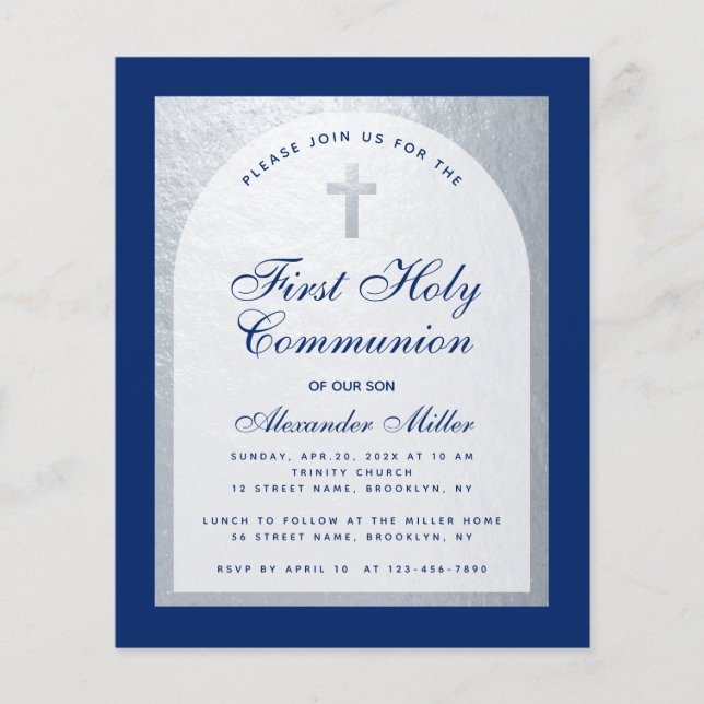 Blue Silver Boy First Communion Budget Invitation (Front)