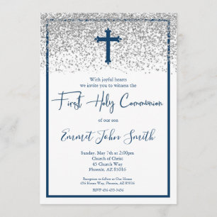 Blue Silver Boy First Holy Communion Invitation