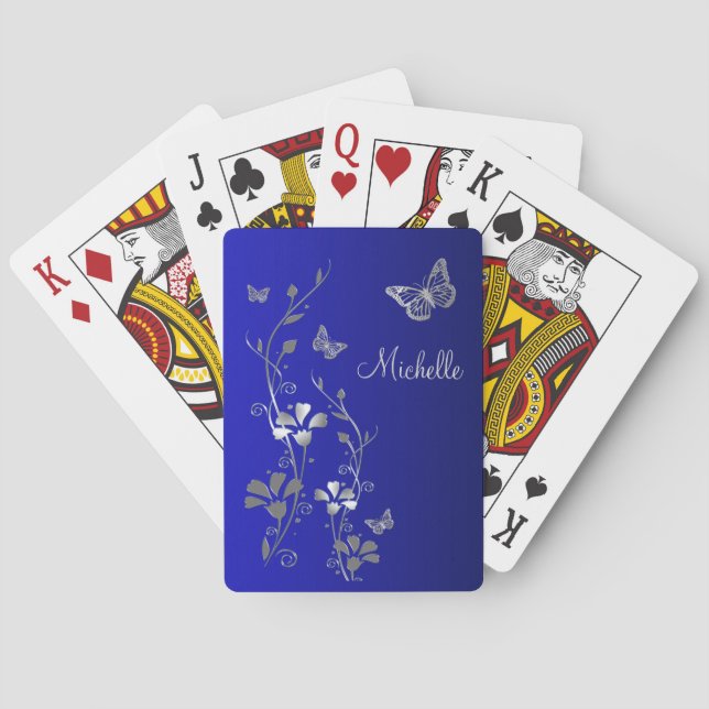 Blue Silver Butterfly Floral Playing Cards (Back)