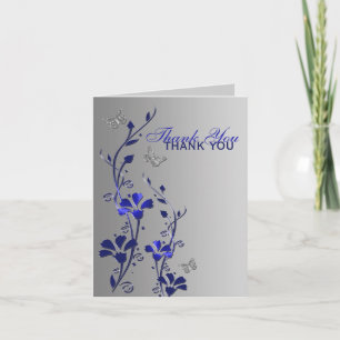 Blue Silver Butterfly Floral Thank You Note Card