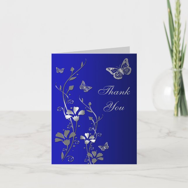 Blue Silver Butterfly Floral Thank You Note Card (Front)