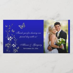 Blue, Silver Butterfly Floral Wedding Photo Card