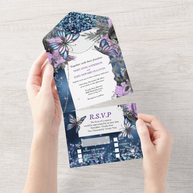 Blue silver butterfly shimmer purple rose glamour all in one invitation (Tearaway)