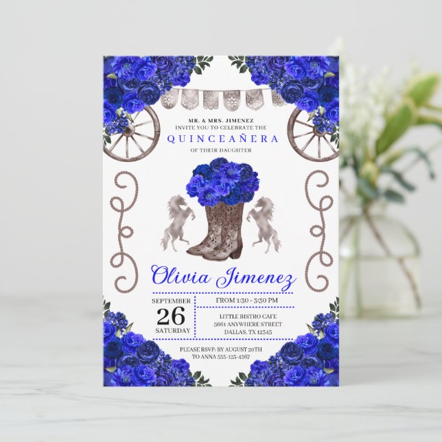 Blue Silver Charra Ranchero Boots Quinceanera Invitation (Standing Front)