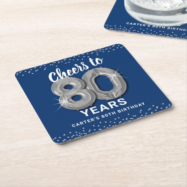 Blue Silver Cheers to 80 Years Birthday Square Paper Coaster (Angled)