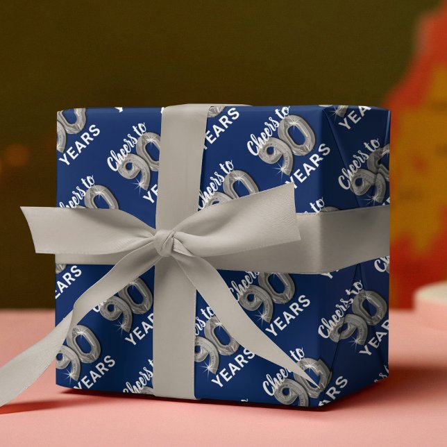 Blue Silver Cheers to 90 Years Birthday Wrapping Paper Sheet (Creator Uploaded)