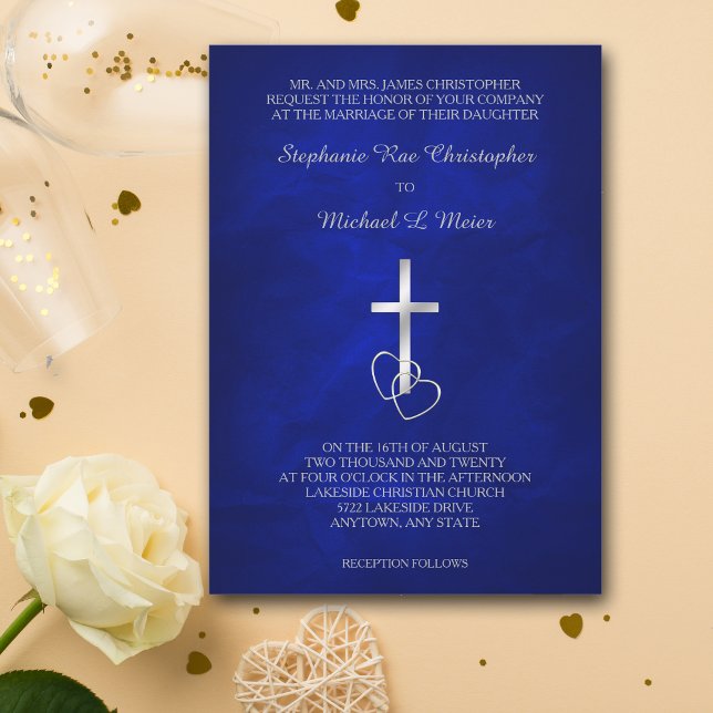 Blue Silver Christian Cross Wedding Invitation (Creator Uploaded)