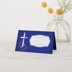 Blue Silver Christian Cross Wedding Place Card