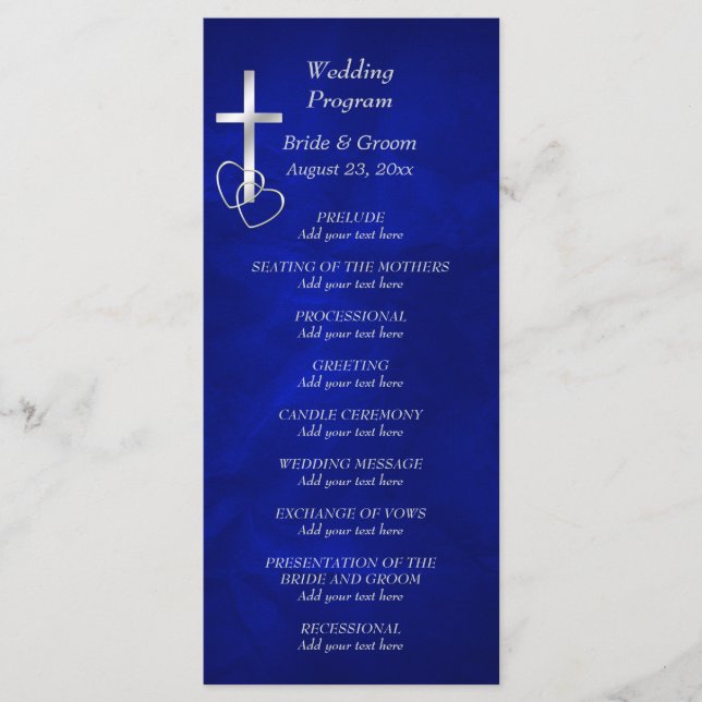 Blue Silver Christian Cross Wedding Program Programme (Front)