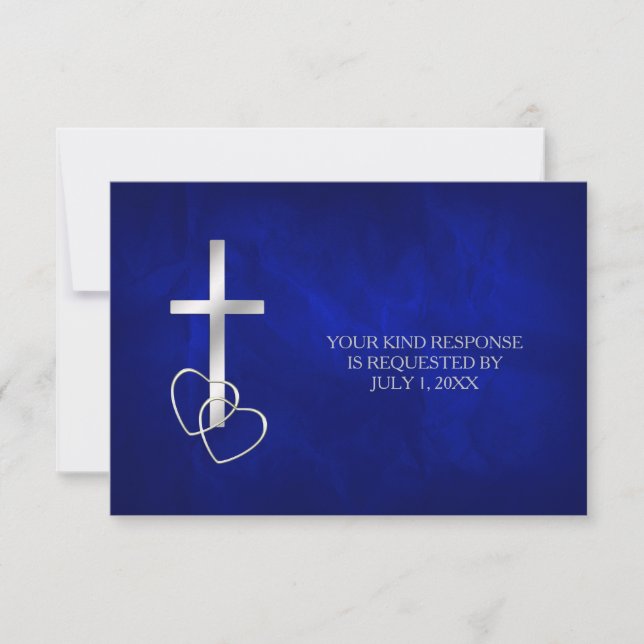 Blue Silver Christian Cross Wedding RSVP (Front)