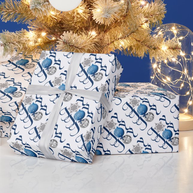 Blue Silver Christmas Joy Wrapping Paper (Holidays)