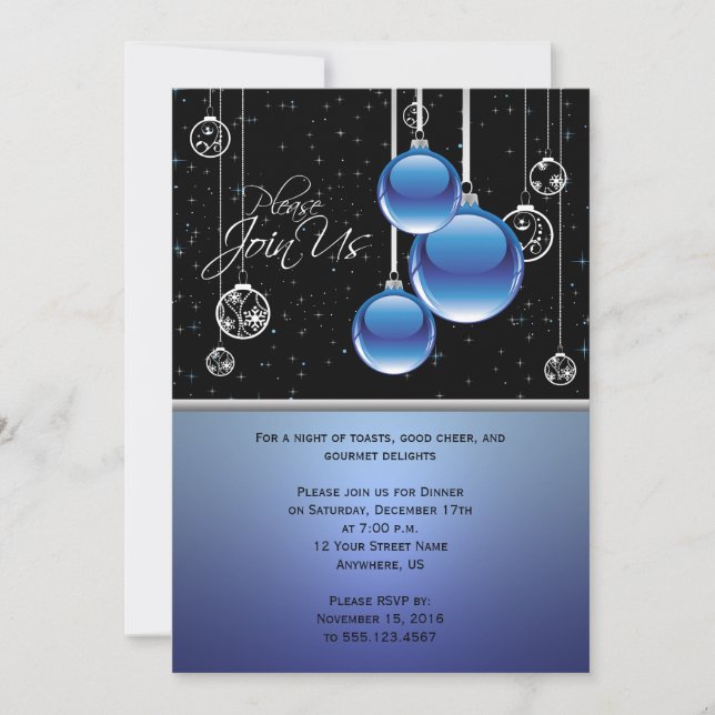 Blue Silver Christmas Ornaments on Black Party Invitation (Front)