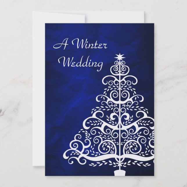 Blue Silver Christmas Tree Winter Wedding Invitation (Front)