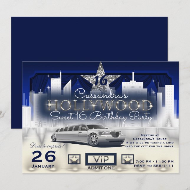 Blue Silver City Night Lights Limo Hollywood Party Invitation (Front/Back)