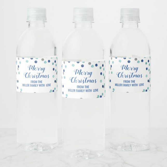 Blue Silver Confetti Custom Merry Christmas Water Bottle Label (Bottles)