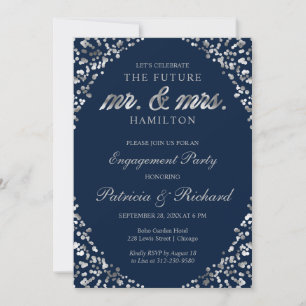 Blue Silver Confetti Engagement Party Invitation
