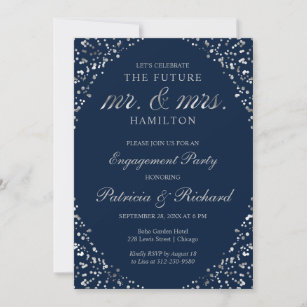 Blue Silver Confetti Engagement Party Invitation