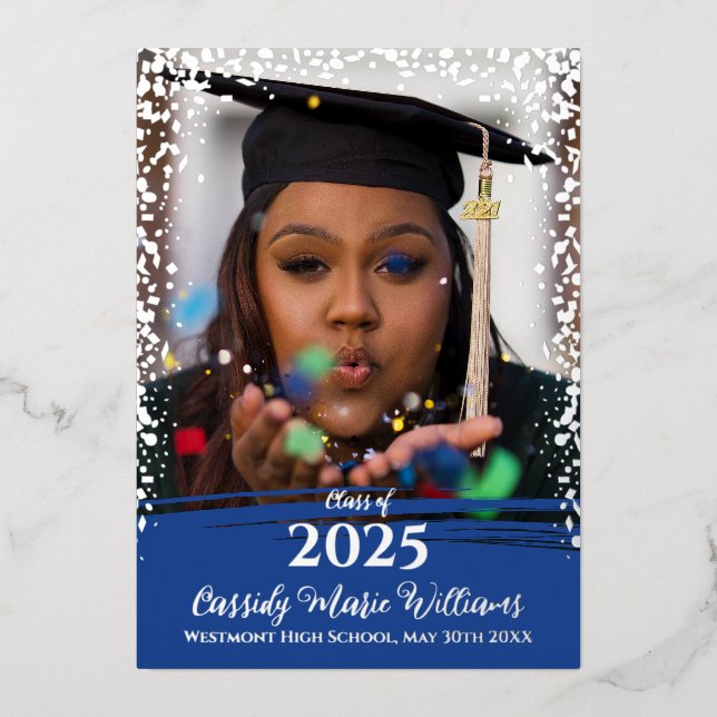 Blue Silver Confetti Foil Graduation Announcement (Front)