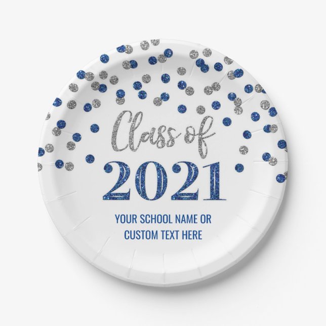 Blue Silver Confetti Graduation 2021 Paper Plate (Front)