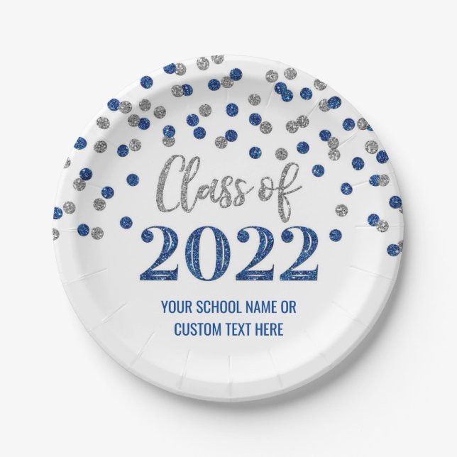 Blue Silver Confetti Graduation 2022 Paper Plate (Front)
