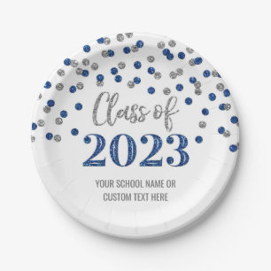 Blue Silver Confetti Graduation 2023 Paper Plates