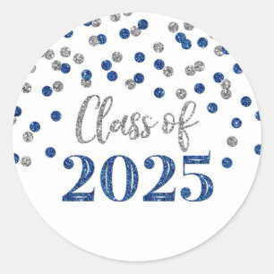 Blue Silver Confetti Graduation 2025 Classic Round Sticker