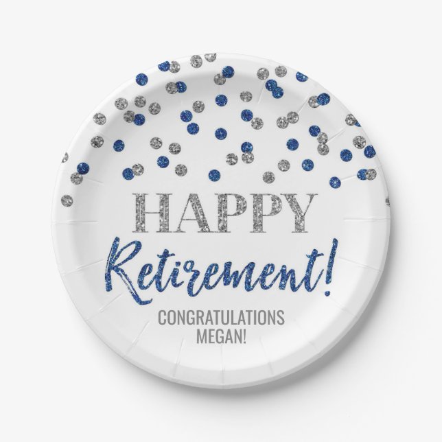 Blue Silver Confetti Happy Retirement Paper Plate (Front)