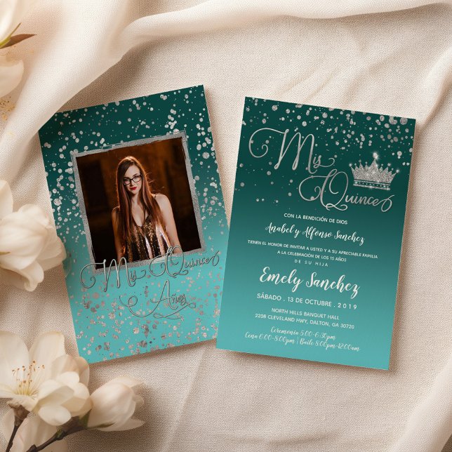 Blue Silver Confetti Mis Quince Anos Spanish Photo Invitation (Creator Uploaded)