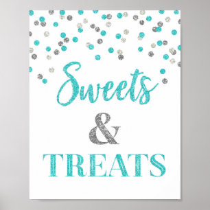 Blue Silver Confetti Sweets & Treats Dessert Table Poster