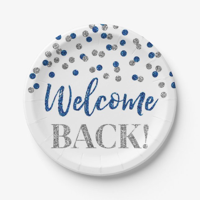 Blue Silver Confetti Welcome Back Paper Plates (Front)