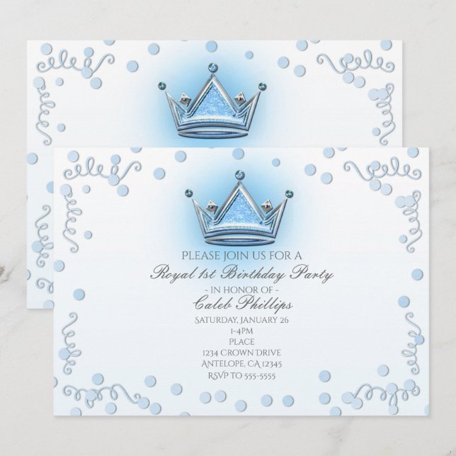 Blue & Silver Crown Party Confetti Invitation (Front/Back)