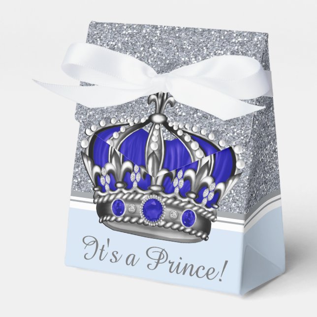 Blue Silver Crown Prince Boy Baby Shower Favour Box (Front Side)