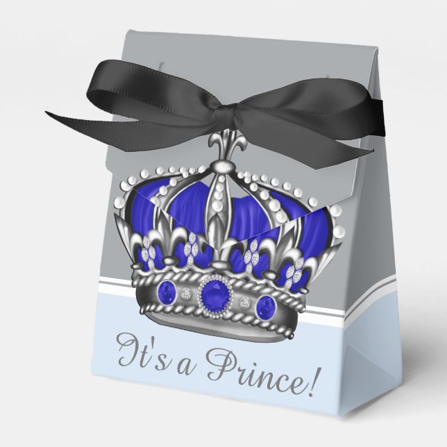 Blue Silver Crown Prince Boy Baby Shower Favour Box (Front Side)