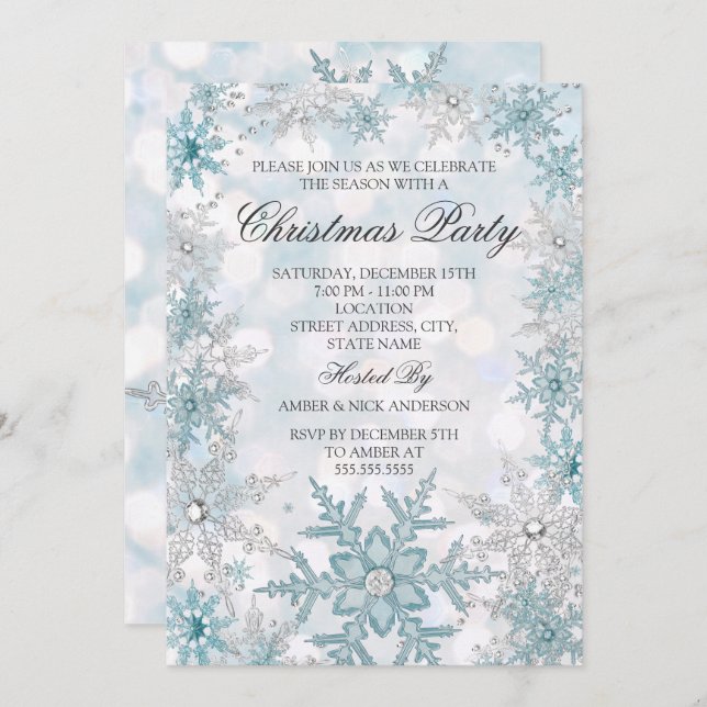 Blue Silver Crystal Snowflake Christmas Party 2021 Invitation (Front/Back)