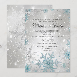 Blue & Silver Crystal Snowflake Christmas Party Invitation
