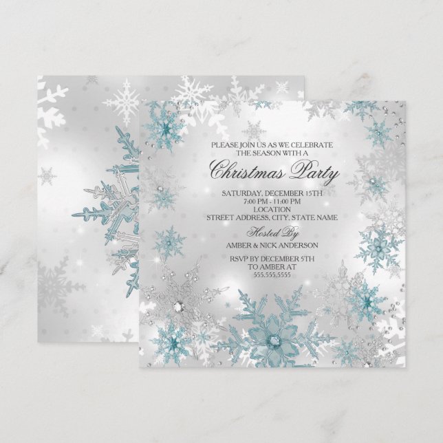 Blue Silver Crystal Snowflake Christmas Party SQ Invitation (Front/Back)