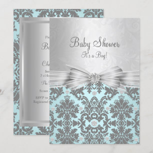 Blue & Silver Damask Baby Shower Invitation