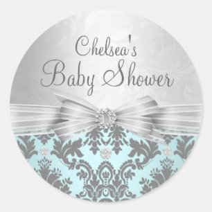 Blue & Silver Damask Baby Shower Sticker