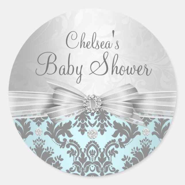 Blue & Silver Damask Baby Shower Sticker (Front)