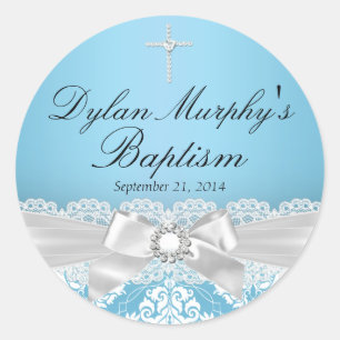 Blue Silver Damask & Bow Baptism Sticker