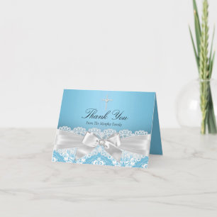 Blue Silver Damask & Bow Baptism Thank You Card