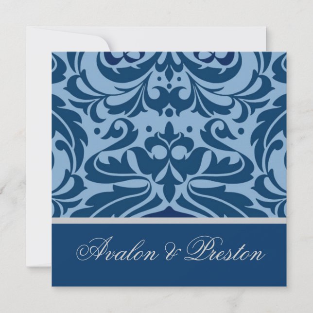 Blue & Silver Damask Elegant Wedding Invitation (Front)