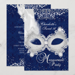 Blue Silver Damask Mask Masquerade Sweet 16 Invite