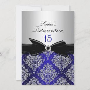 Blue & Silver Damask Quinceanera Announcements