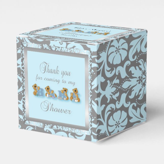 Blue & Silver Damask Teddy Bears | Baby Shower Favour Box (Front Side)