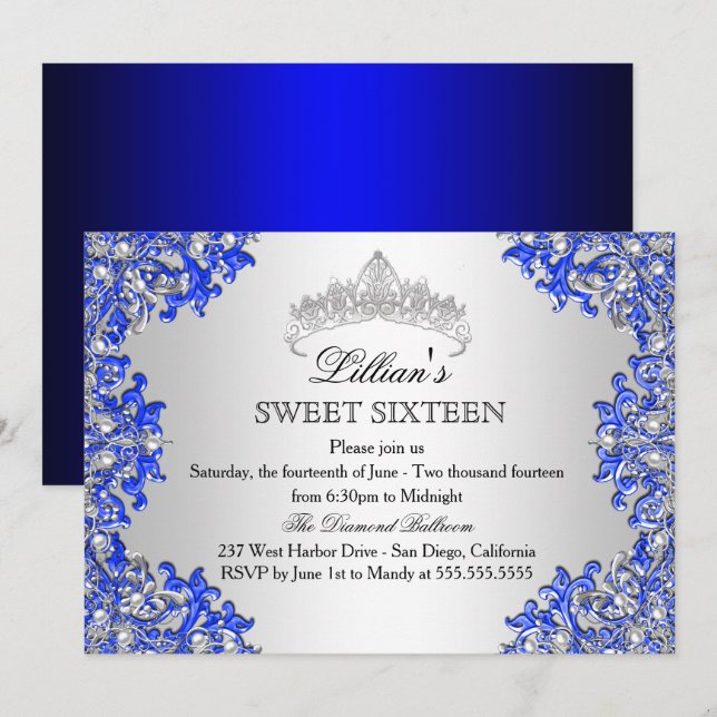 Blue Silver Damask Tiara Sweet 16 Invitation (Front/Back)