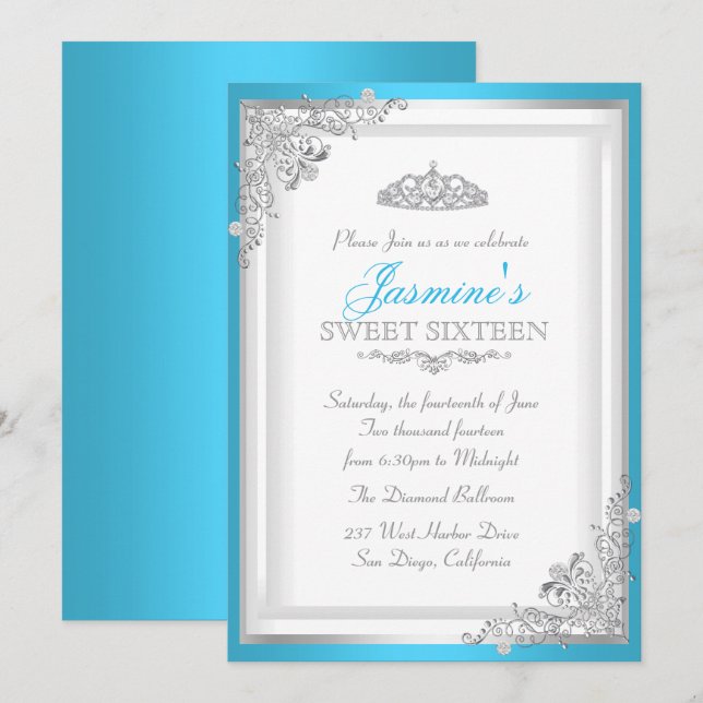Blue Silver Damask & Tiara Sweet 16 Invitation (Front/Back)