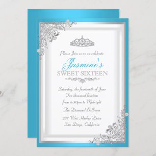 Blue Silver Damask & Tiara Sweet 16 Invitation